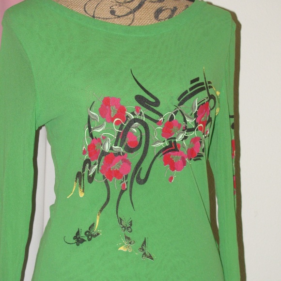 Thalia Sodi Mesh Long Sleeves Green Top - Picture 2 of 8